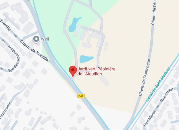 Carte de localisation du Jardin vert, Pépinière de l'Aiguillon, près du Chemin de Tréville, D42 et du Canal de Saint-Martory.